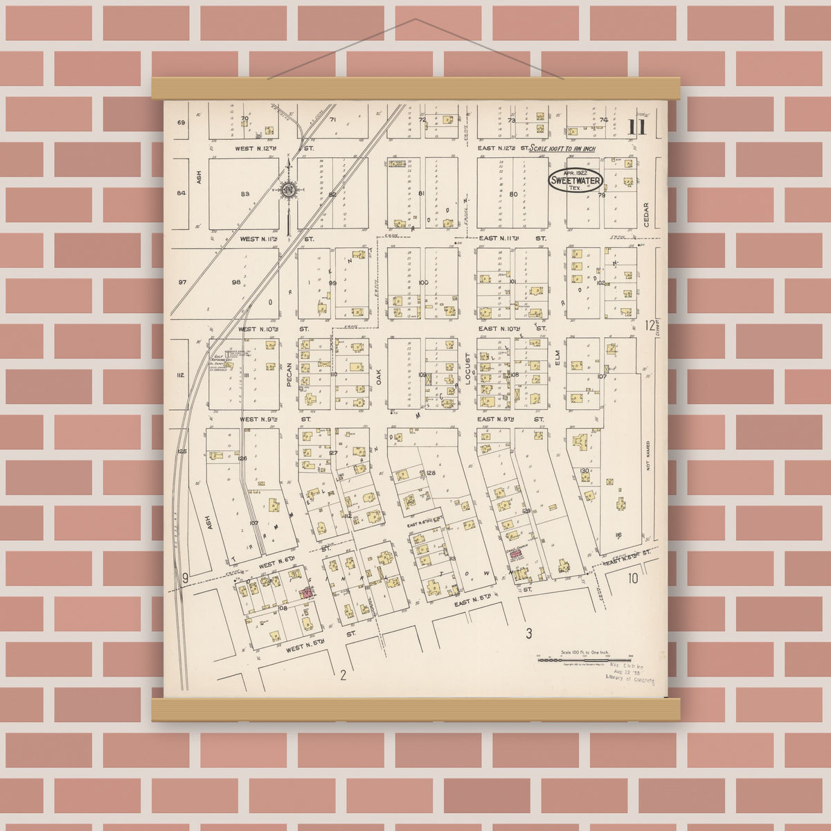 Old map wall art mockup — magnetic wood frame on brick wall — Sanborn Fire Insurance Map from Sweetwater, Nolan County, Texas (1922), Sheet #0011