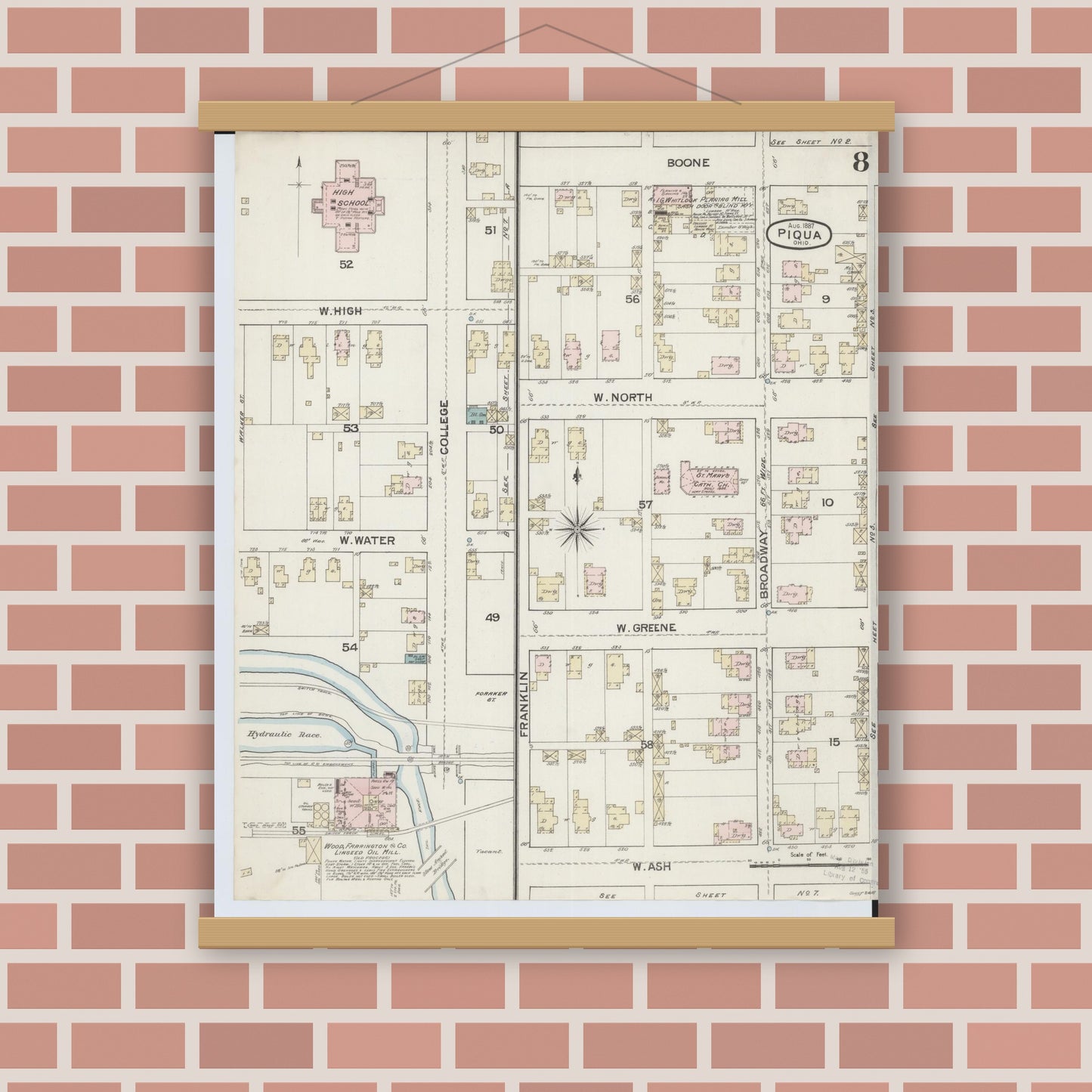 Old map wall art mockup — magnetic wood frame on brick wall — Sanborn Fire Insurance Map from Piqua, Miami County, Ohio (1887), Sheet #0008