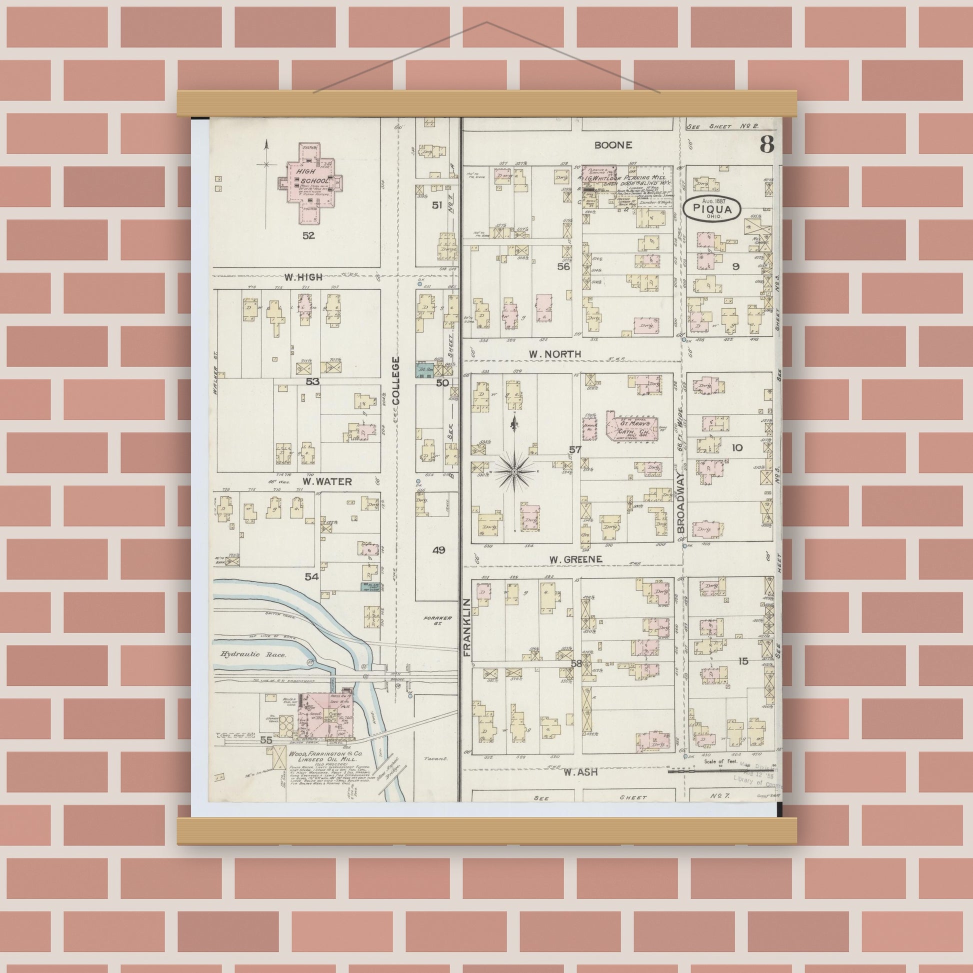 Old map wall art mockup — magnetic wood frame on brick wall — Sanborn Fire Insurance Map from Piqua, Miami County, Ohio (1887), Sheet #0008
