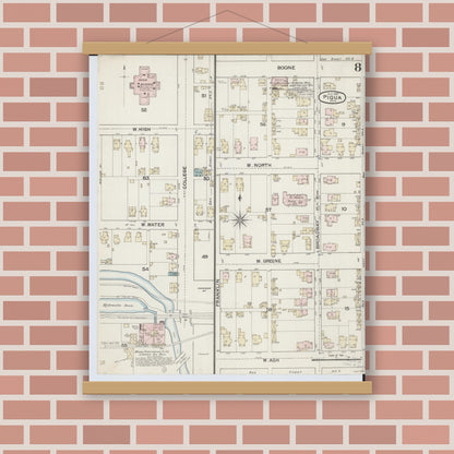 Old map wall art mockup — magnetic wood frame on brick wall — Sanborn Fire Insurance Map from Piqua, Miami County, Ohio (1887), Sheet #0008