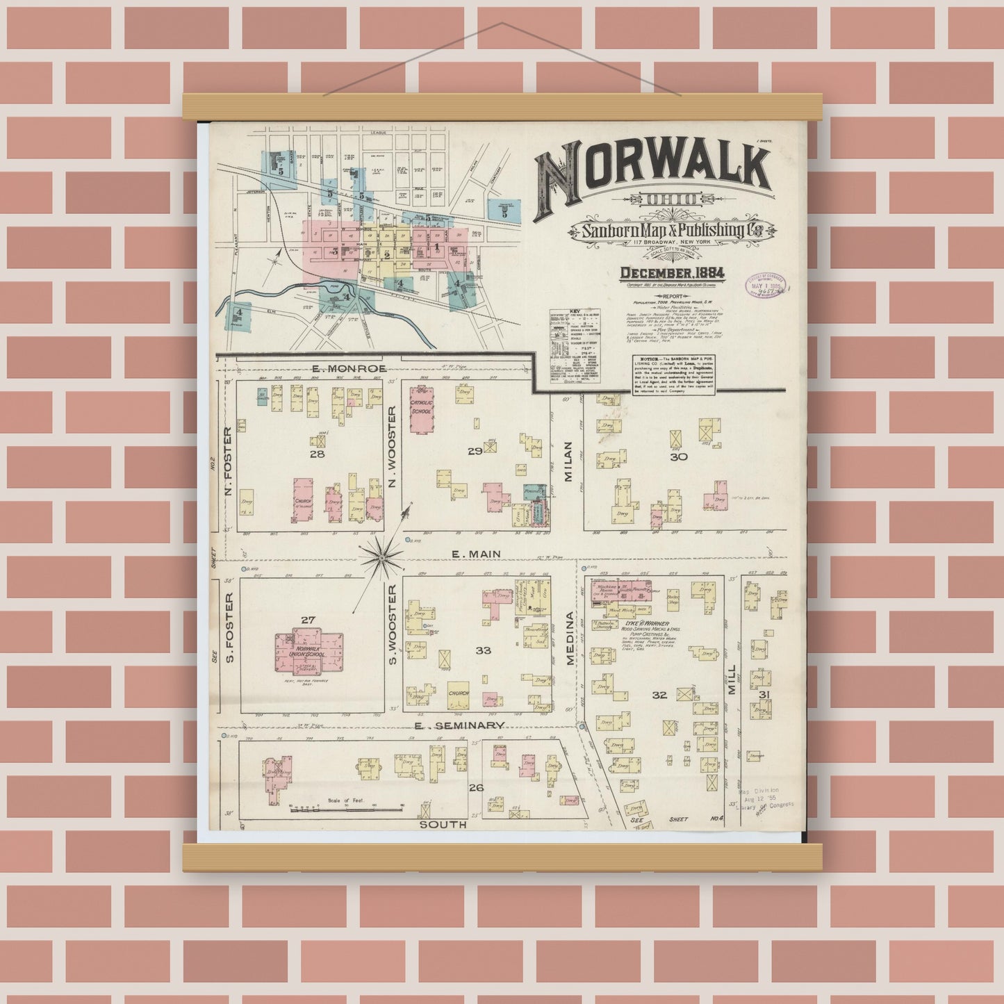 Old map wall art mockup — magnetic wood frame on brick wall — Sanborn Fire Insurance Map from Norwalk, Huron County, Ohio (1884), Sheet #0001