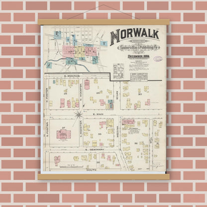 Old map wall art mockup — magnetic wood frame on brick wall — Sanborn Fire Insurance Map from Norwalk, Huron County, Ohio (1884), Sheet #0001