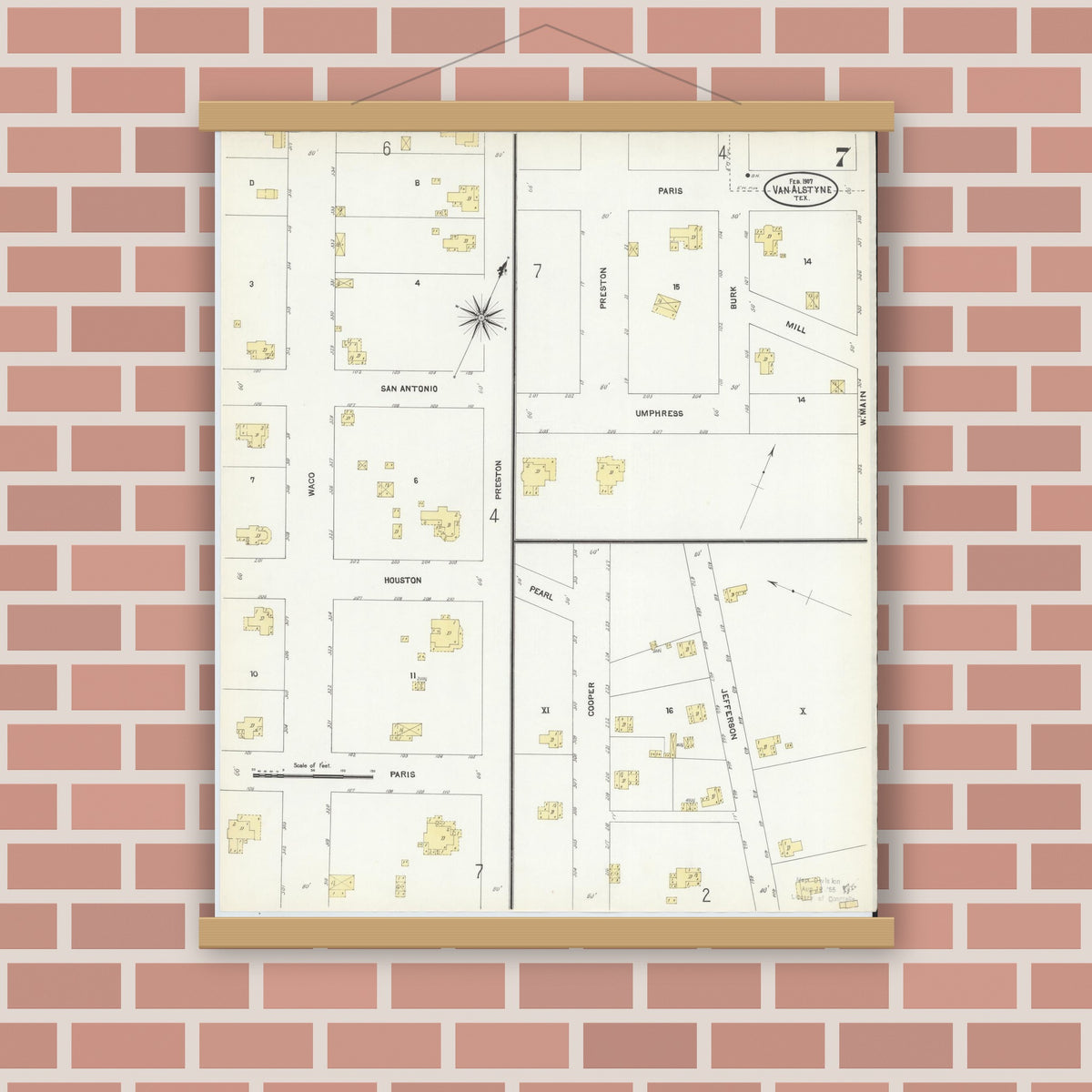 Old map wall art mockup — magnetic wood frame on brick wall — Sanborn Fire Insurance Map from Van Alstyne, Grayson County, Texas (1907), Sheet #0007