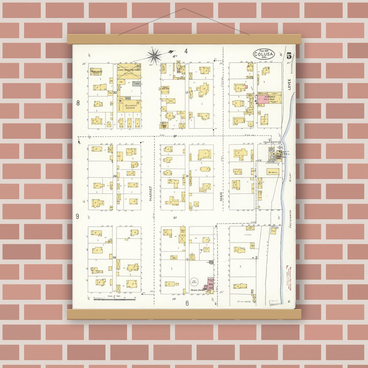 Old map wall art mockup — magnetic wood frame on brick wall — Sanborn Fire Insurance Map from Colusa, Colusa County, California (1907), Sheet #0005