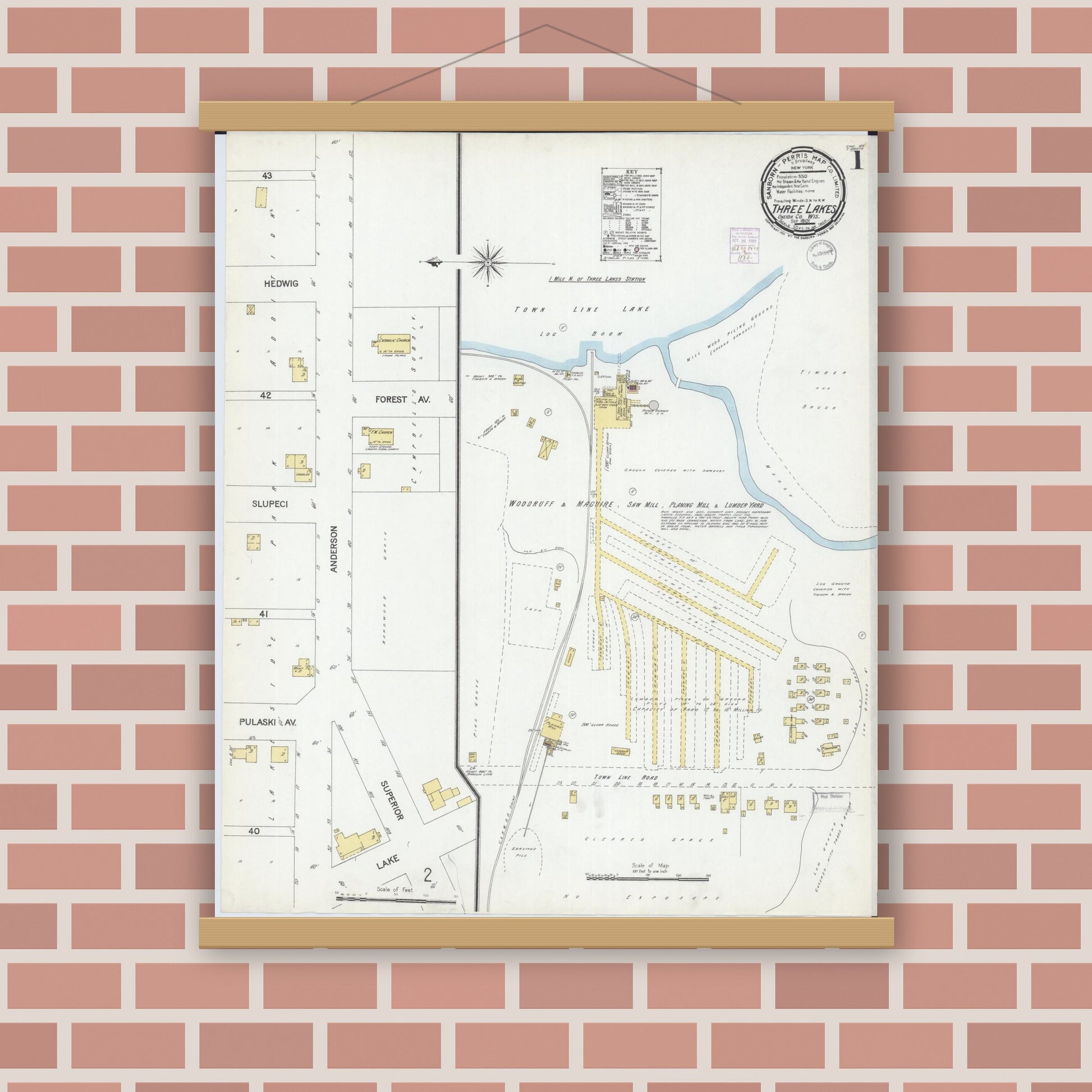 Old map wall art mockup — magnetic wood frame on brick wall — Sanborn Fire Insurance Map from Three Lakes, Oneida County, Wisconsin (1901) - Complete Map Set