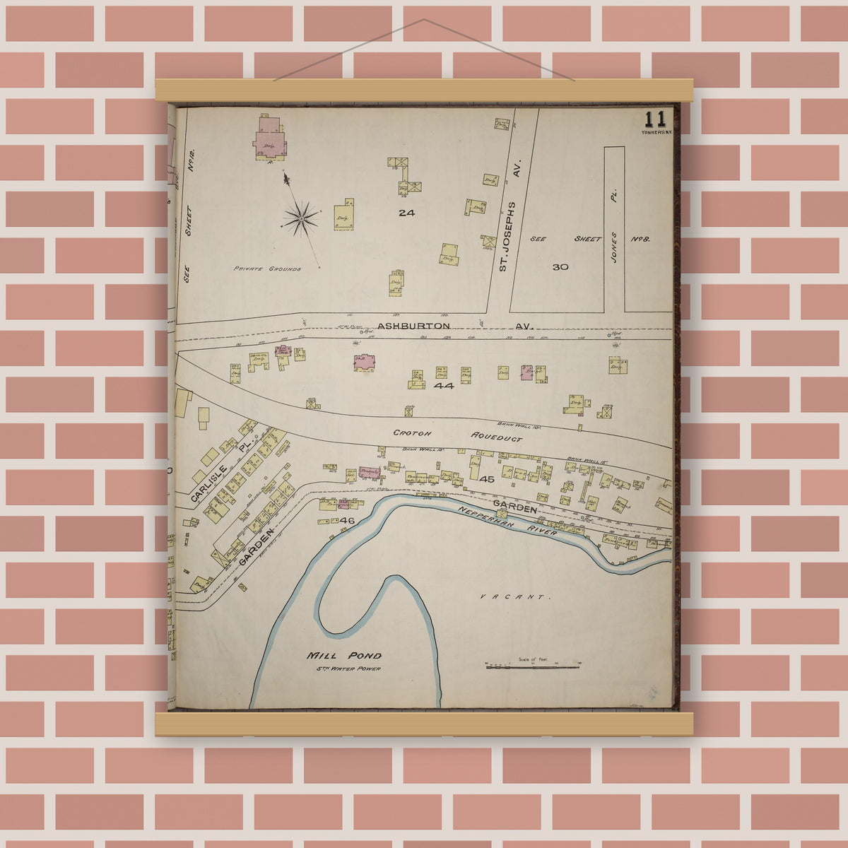Old map wall art mockup — magnetic wood frame on brick wall — Sanborn Fire Insurance Map from Yonkers, Westchester County, New York (1886), Sheet #0011