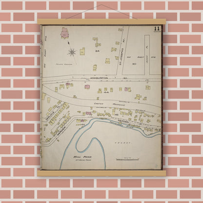 Old map wall art mockup — magnetic wood frame on brick wall — Sanborn Fire Insurance Map from Yonkers, Westchester County, New York (1886), Sheet #0011