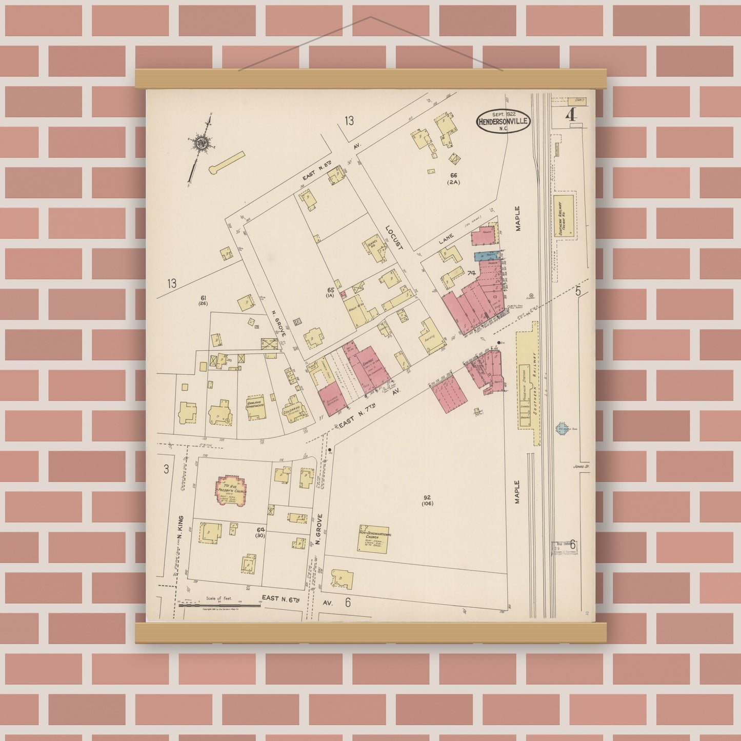 Old map wall art mockup — magnetic wood frame on brick wall — Sanborn Fire Insurance Map from Hendersonville, Henderson County, North Carolina (1922), Sheet #0004