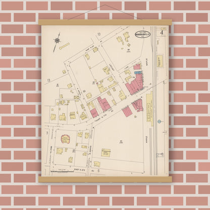 Old map wall art mockup — magnetic wood frame on brick wall — Sanborn Fire Insurance Map from Hendersonville, Henderson County, North Carolina (1922), Sheet #0004