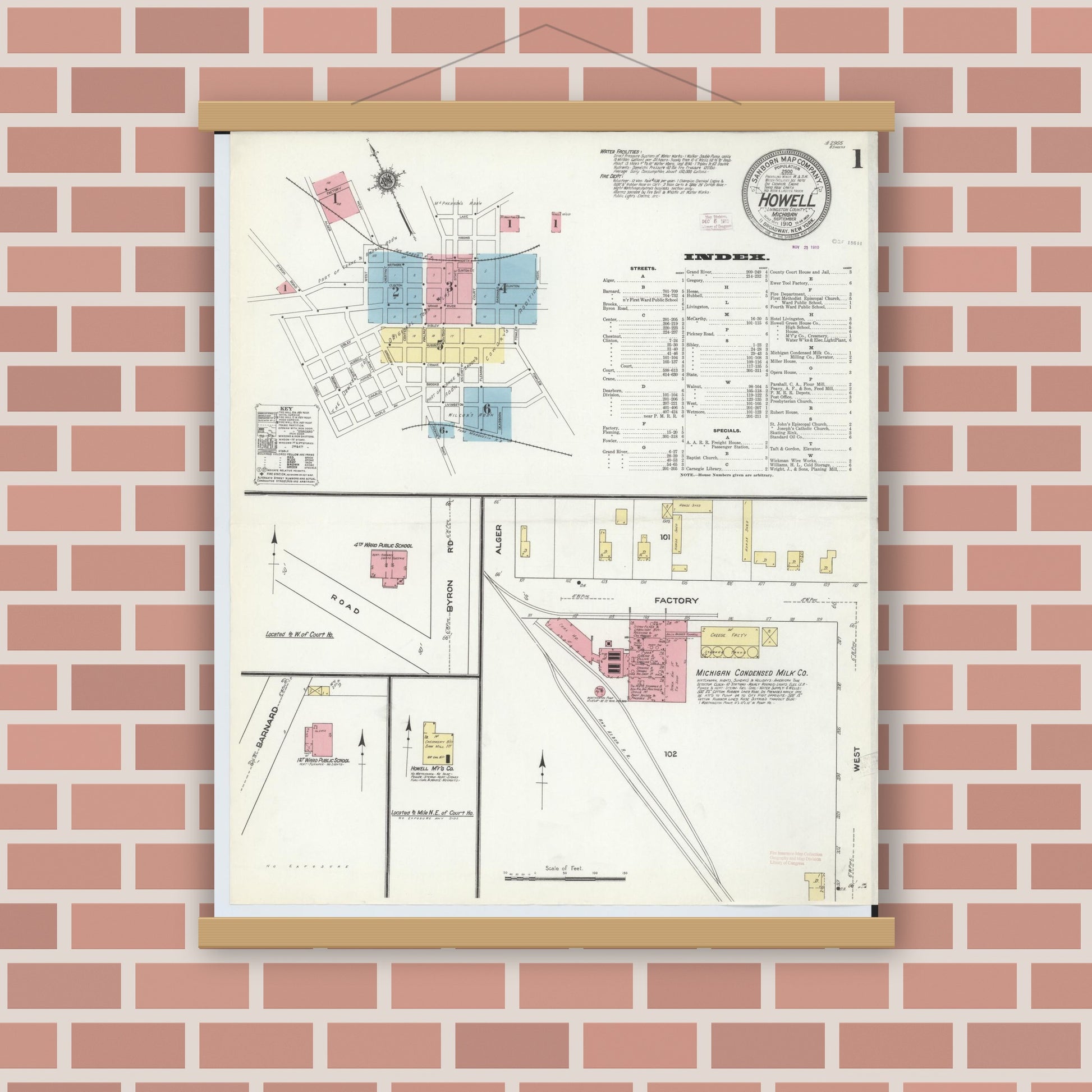 Old map wall art mockup — magnetic wood frame on brick wall — Sanborn Fire Insurance Map from Howell, Livingston County, Michigan (1910) - Complete Map Set