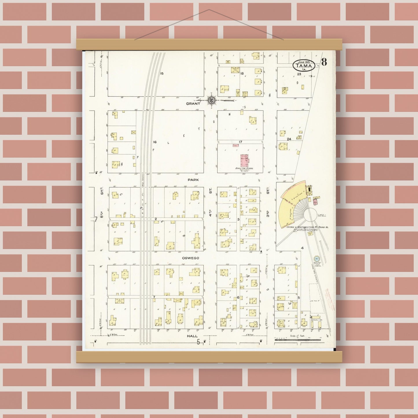 Old map wall art mockup — magnetic wood frame on brick wall — Sanborn Fire Insurance Map from Tama, Tama County, Iowa (1915), Sheet #0008