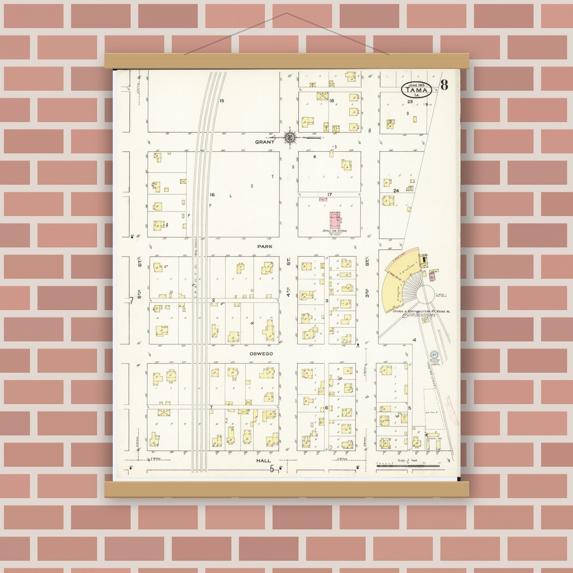 Old map wall art mockup — magnetic wood frame on brick wall — Sanborn Fire Insurance Map from Tama, Tama County, Iowa (1915), Sheet #0008