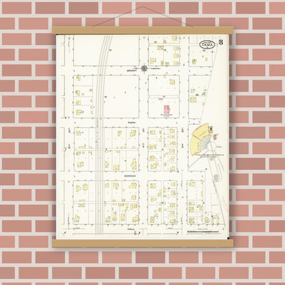 Old map wall art mockup — magnetic wood frame on brick wall — Sanborn Fire Insurance Map from Tama, Tama County, Iowa (1915), Sheet #0008