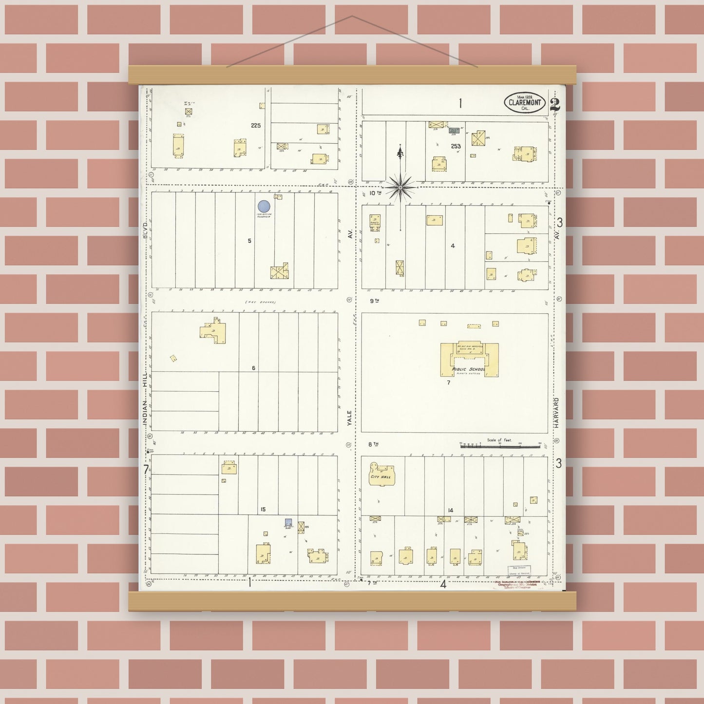 Old map wall art mockup — magnetic wood frame on brick wall — Sanborn Fire Insurance Map from Claremont, Los Angeles County, California (1909), Sheet #0002