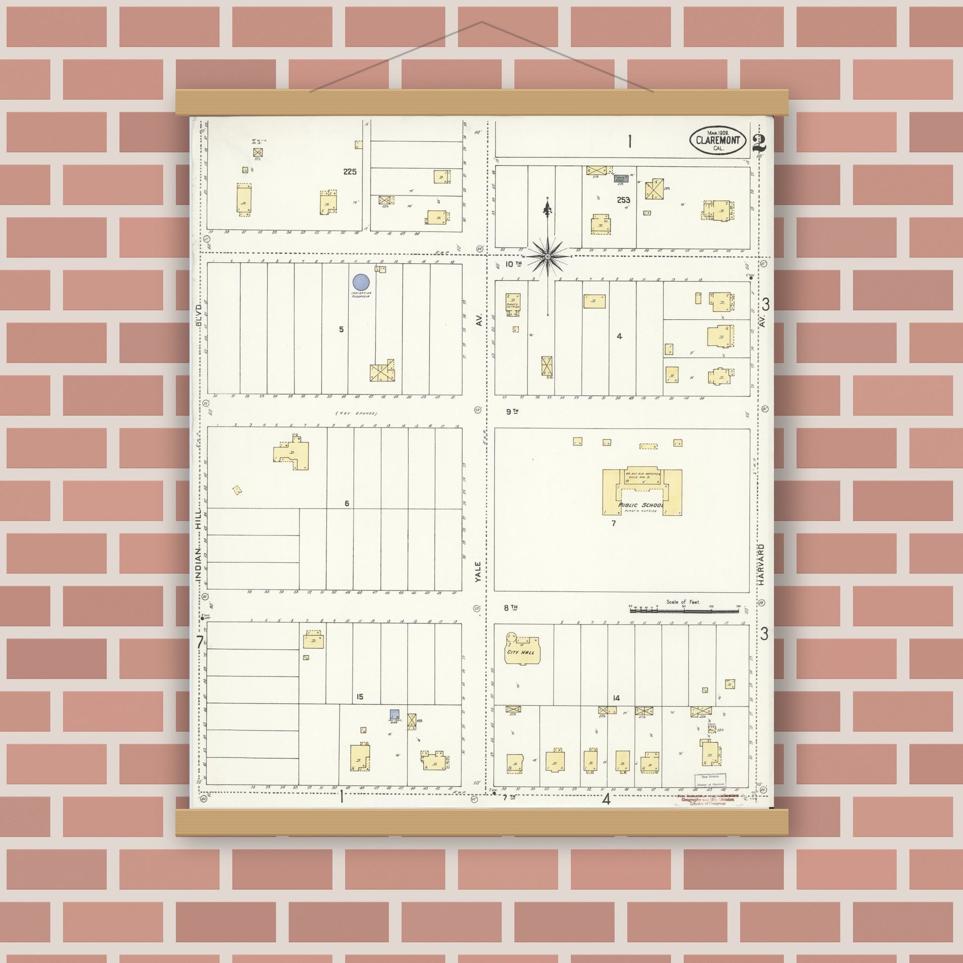 Old map wall art mockup — magnetic wood frame on brick wall — Sanborn Fire Insurance Map from Claremont, Los Angeles County, California (1909), Sheet #0002