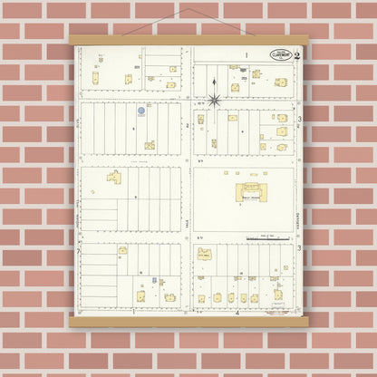Old map wall art mockup — magnetic wood frame on brick wall — Sanborn Fire Insurance Map from Claremont, Los Angeles County, California (1909), Sheet #0002