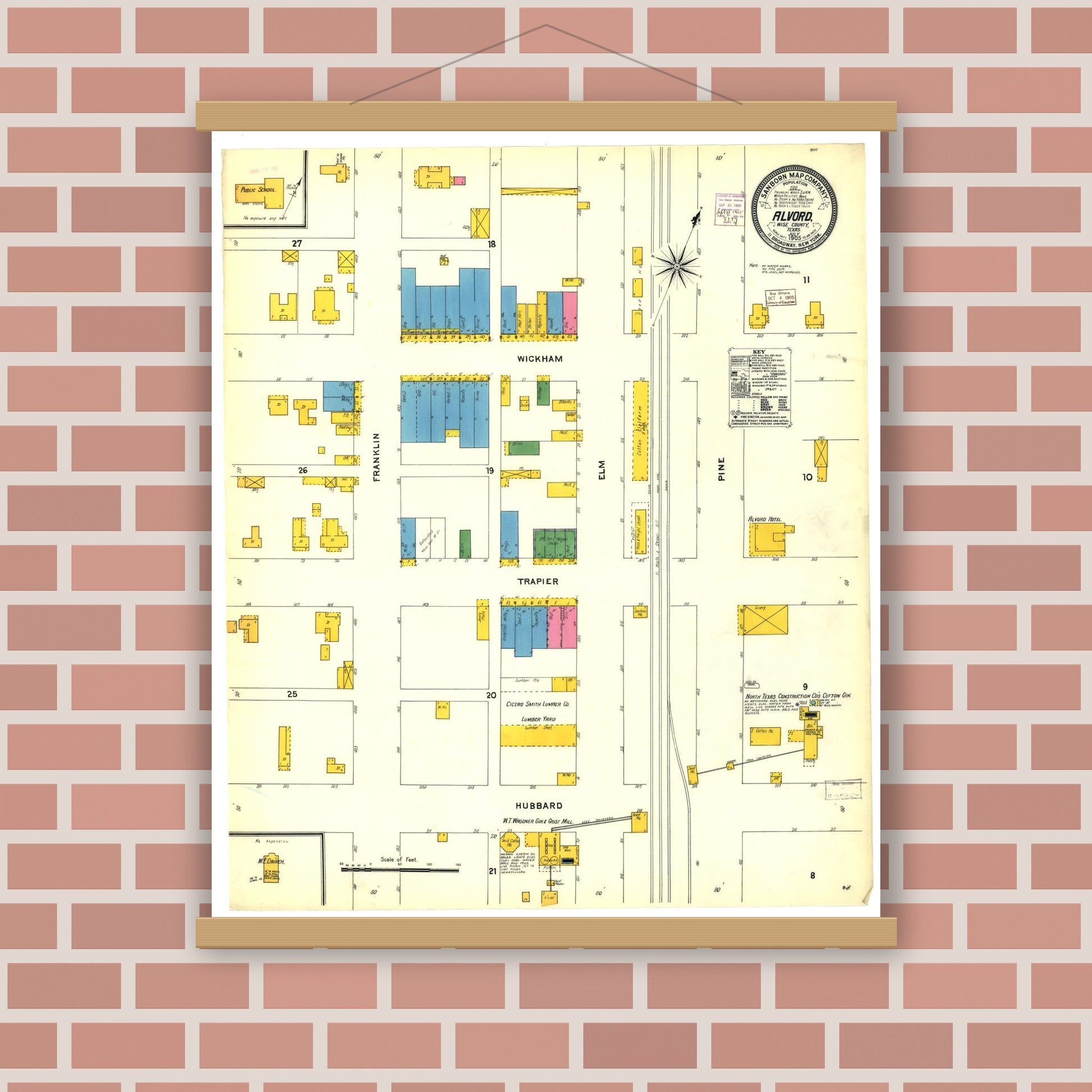 Old map wall art mockup — magnetic wood frame on brick wall — Sanborn Fire Insurance Map from Alvord, Wise County, Texas (1905), Sheet #0001