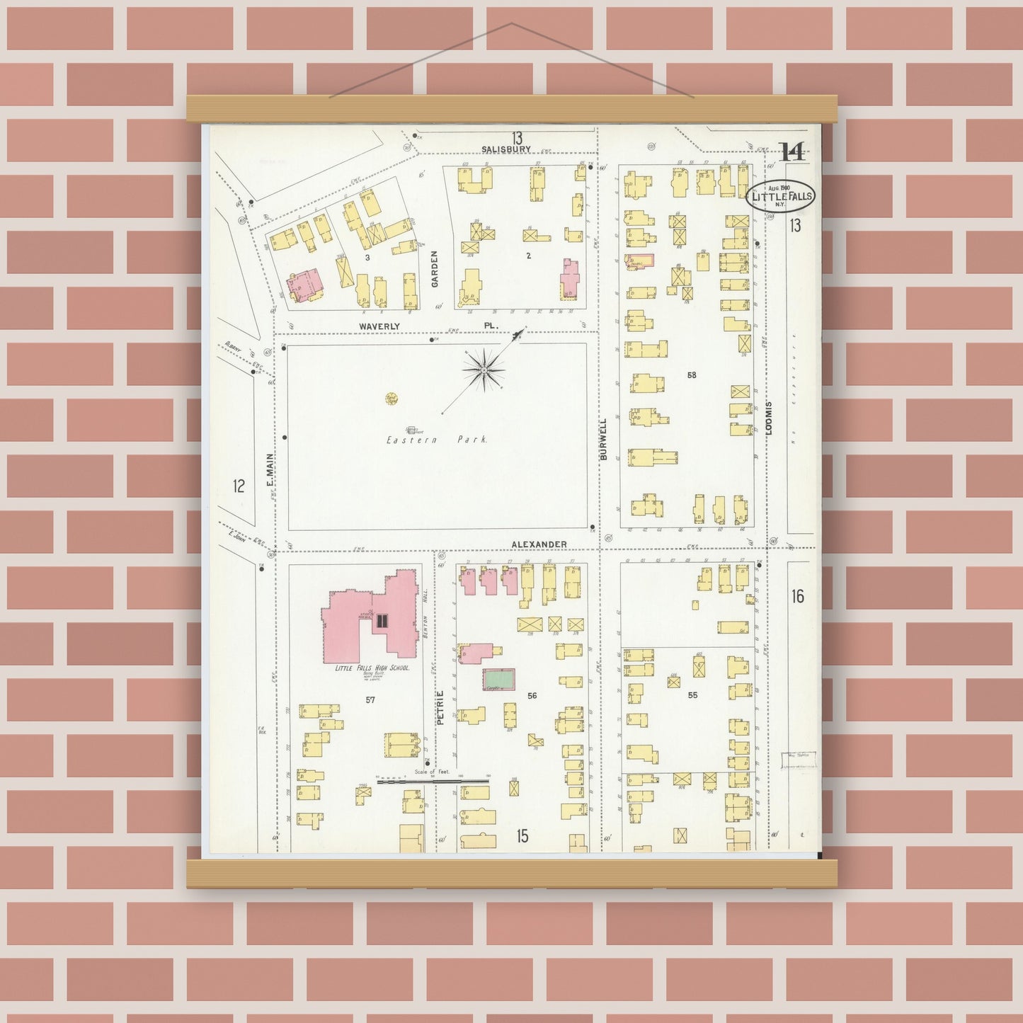 Old map wall art mockup — magnetic wood frame on brick wall — Sanborn Fire Insurance Map from Little Falls, Herkimer County, New York (1900), Sheet #0014