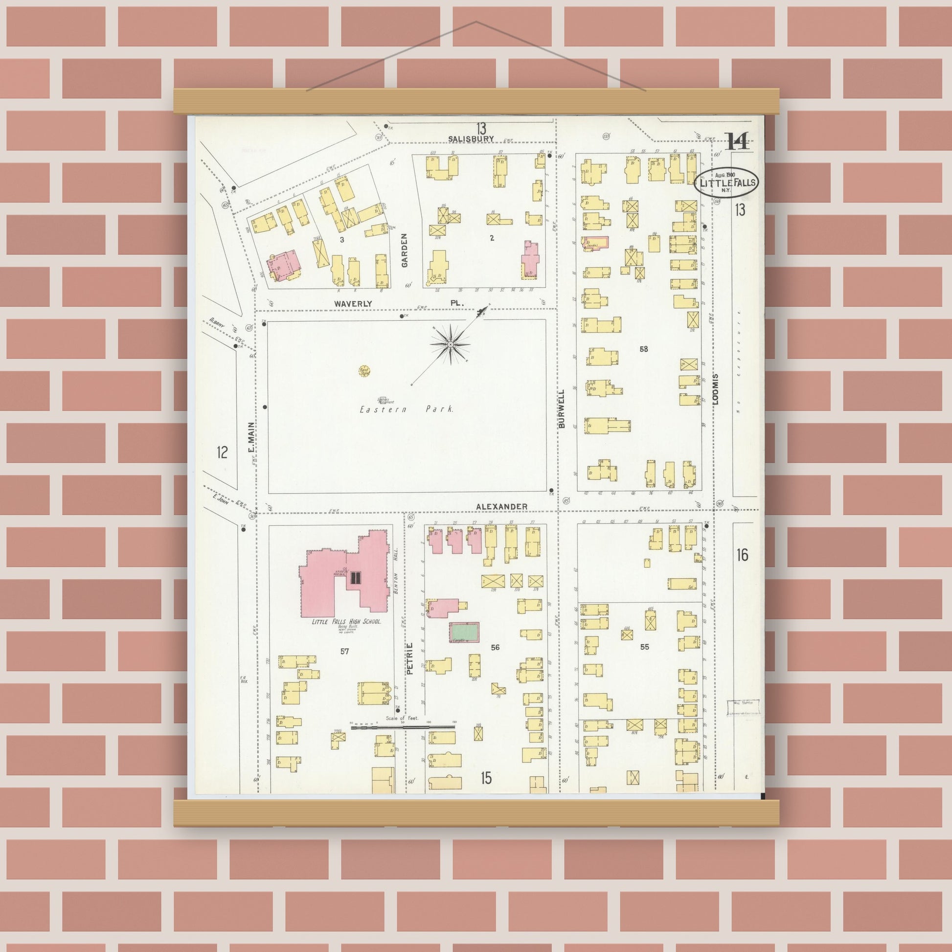 Old map wall art mockup — magnetic wood frame on brick wall — Sanborn Fire Insurance Map from Little Falls, Herkimer County, New York (1900), Sheet #0014