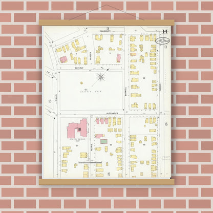 Old map wall art mockup — magnetic wood frame on brick wall — Sanborn Fire Insurance Map from Little Falls, Herkimer County, New York (1900), Sheet #0014