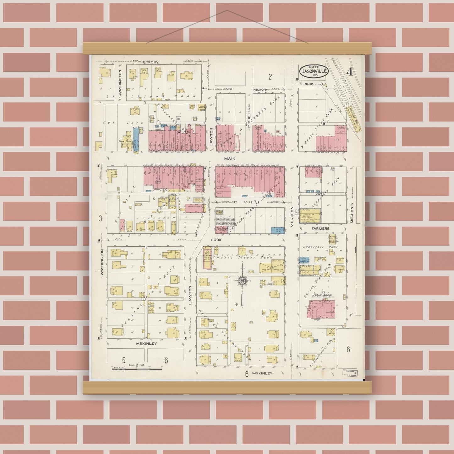 Old map wall art mockup — magnetic wood frame on brick wall — Sanborn Fire Insurance Map from Jasonville, Greene County, Indiana (1915), Sheet #0004