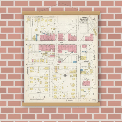 Old map wall art mockup — magnetic wood frame on brick wall — Sanborn Fire Insurance Map from Jasonville, Greene County, Indiana (1915), Sheet #0004