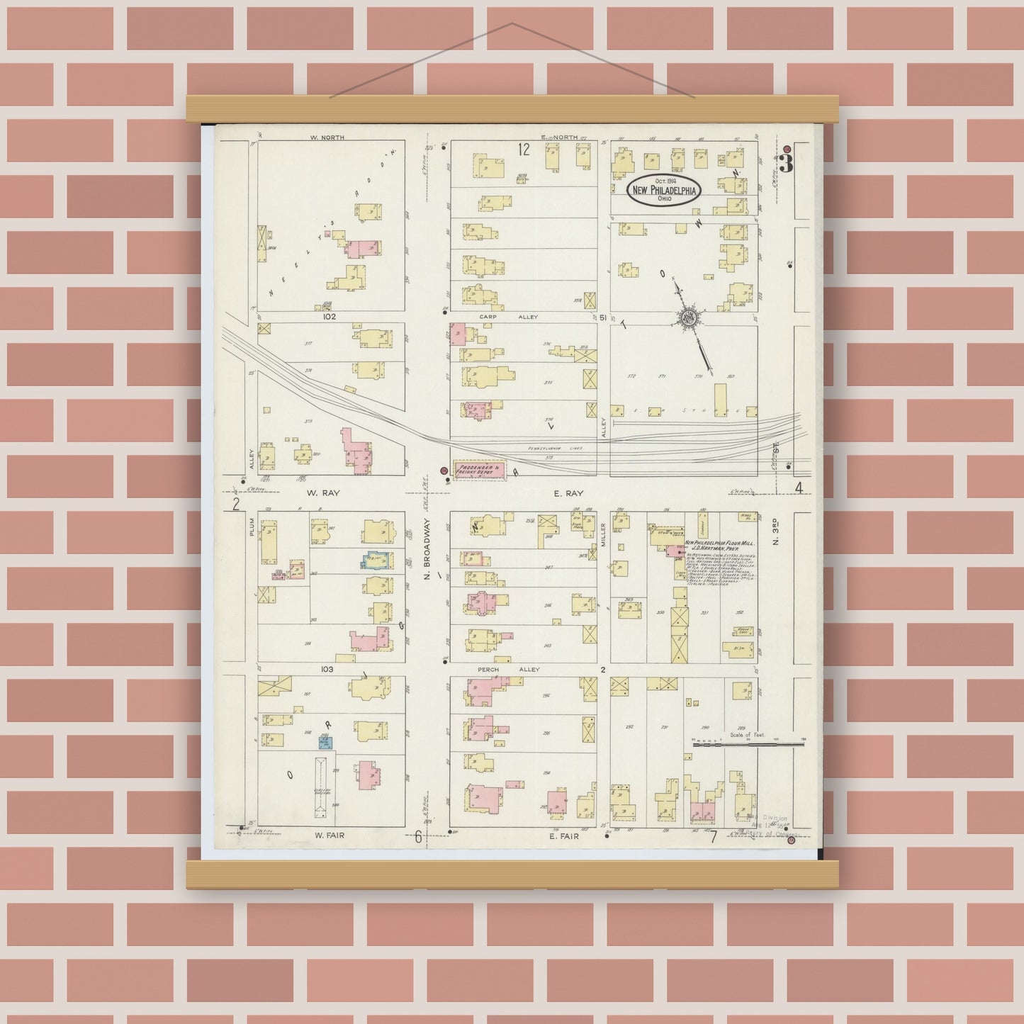 Old map wall art mockup — magnetic wood frame on brick wall — Sanborn Fire Insurance Map from New Philadelphia, Tuscarawas County, Ohio (1914), Sheet #0003