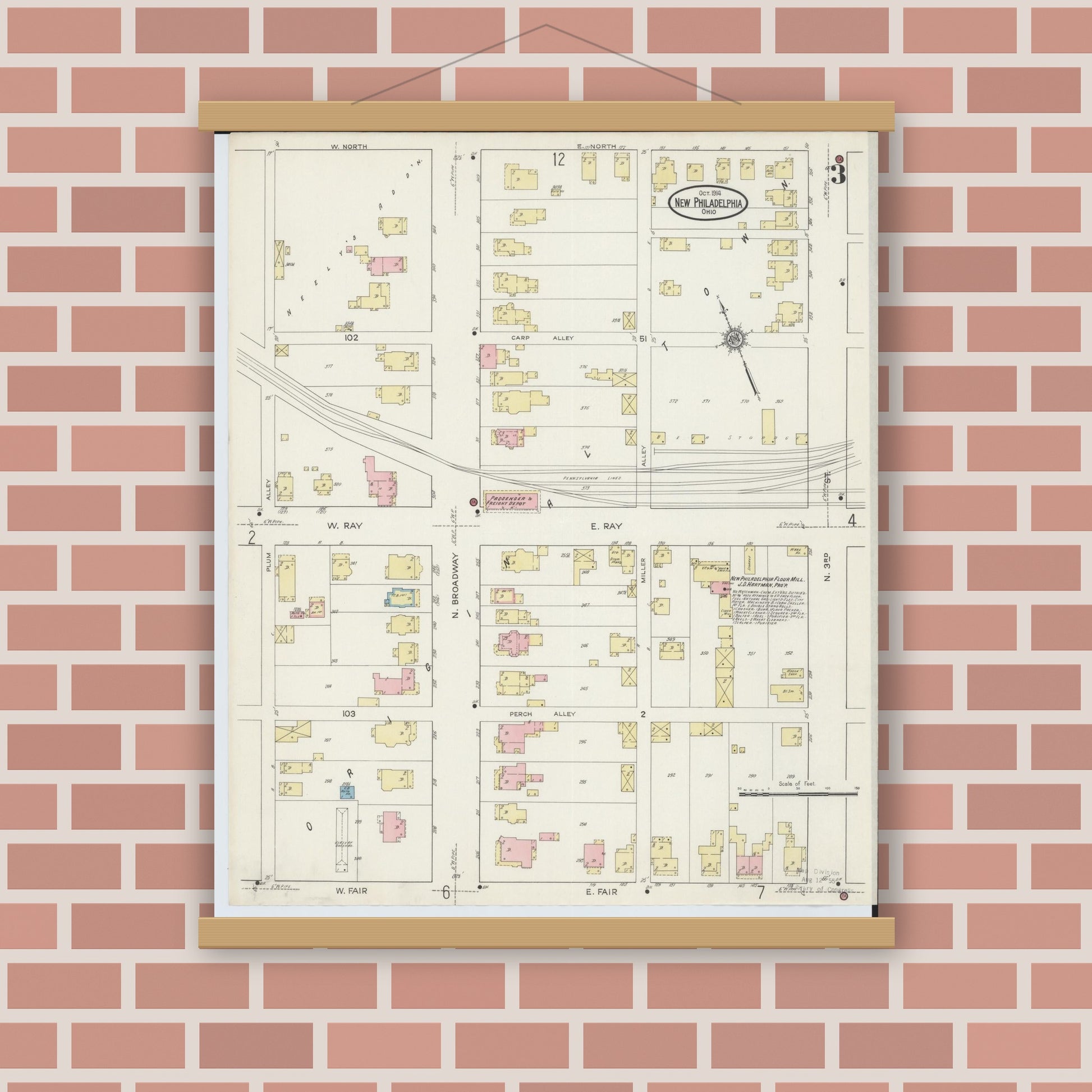Old map wall art mockup — magnetic wood frame on brick wall — Sanborn Fire Insurance Map from New Philadelphia, Tuscarawas County, Ohio (1914), Sheet #0003