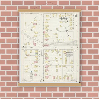 Old map wall art mockup — magnetic wood frame on brick wall — Sanborn Fire Insurance Map from New Philadelphia, Tuscarawas County, Ohio (1914), Sheet #0003