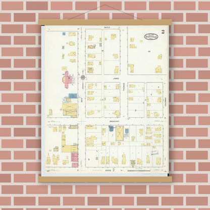 Old map wall art mockup — magnetic wood frame on brick wall — Sanborn Fire Insurance Map from Scottville, Mason County, Michigan (1916), Sheet #0002