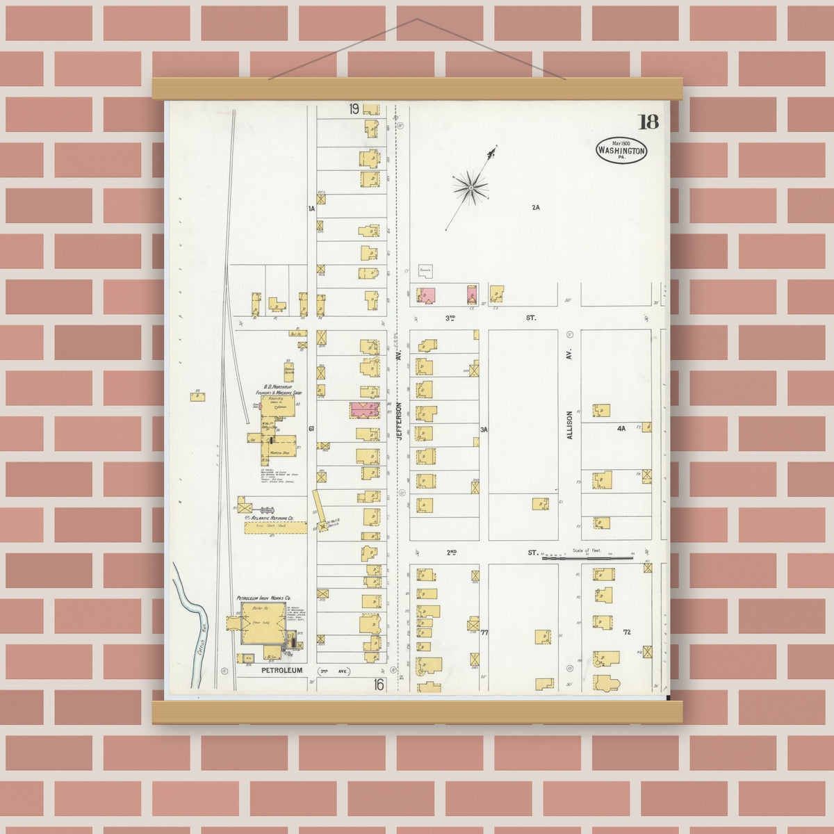 Old map wall art mockup — magnetic wood frame on brick wall — Sanborn Fire Insurance Map from Washington, Washington County, Pennsylvania (1900), Sheet #0018