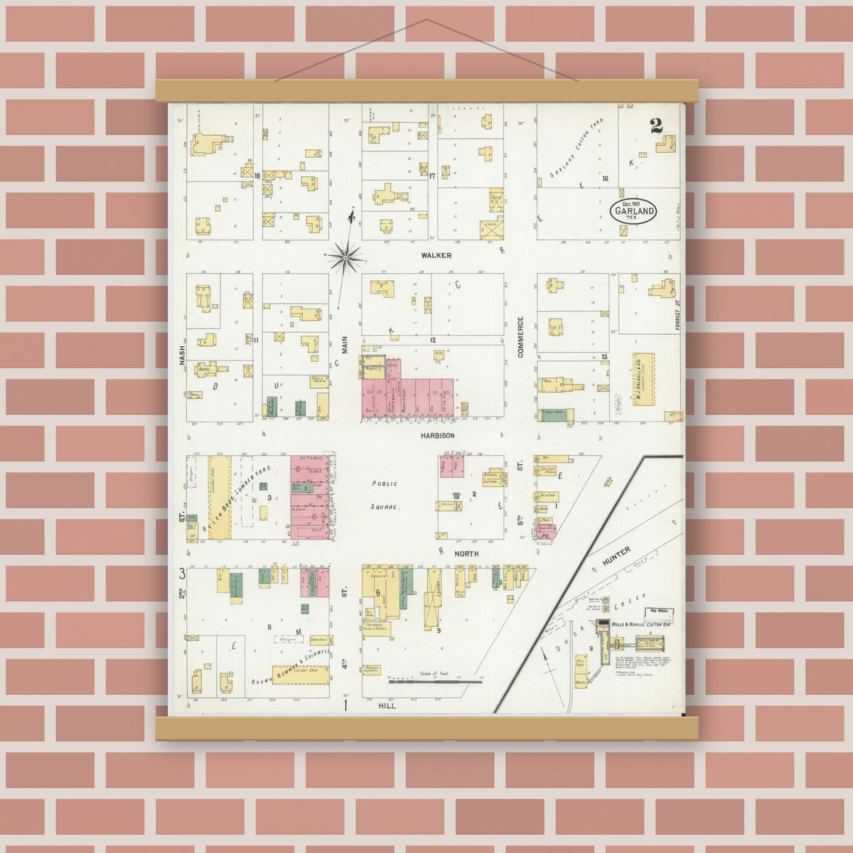 Old map wall art mockup — magnetic wood frame on brick wall — Sanborn Fire Insurance Map from Garland, Dallas County, Texas (1901), Sheet #0002