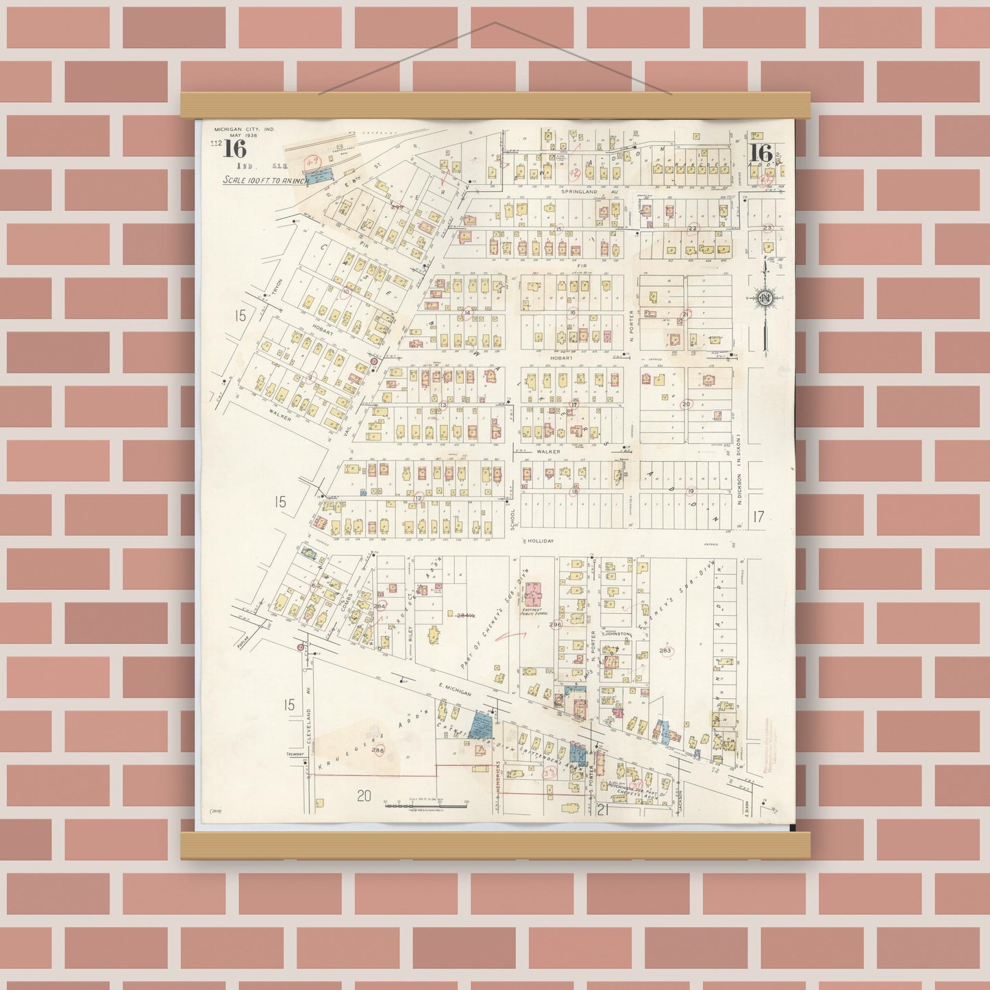 Old map wall art mockup — magnetic wood frame on brick wall — Sanborn Fire Insurance Map from Michigan City, La Porte County, Indiana (1948), Sheet #0016