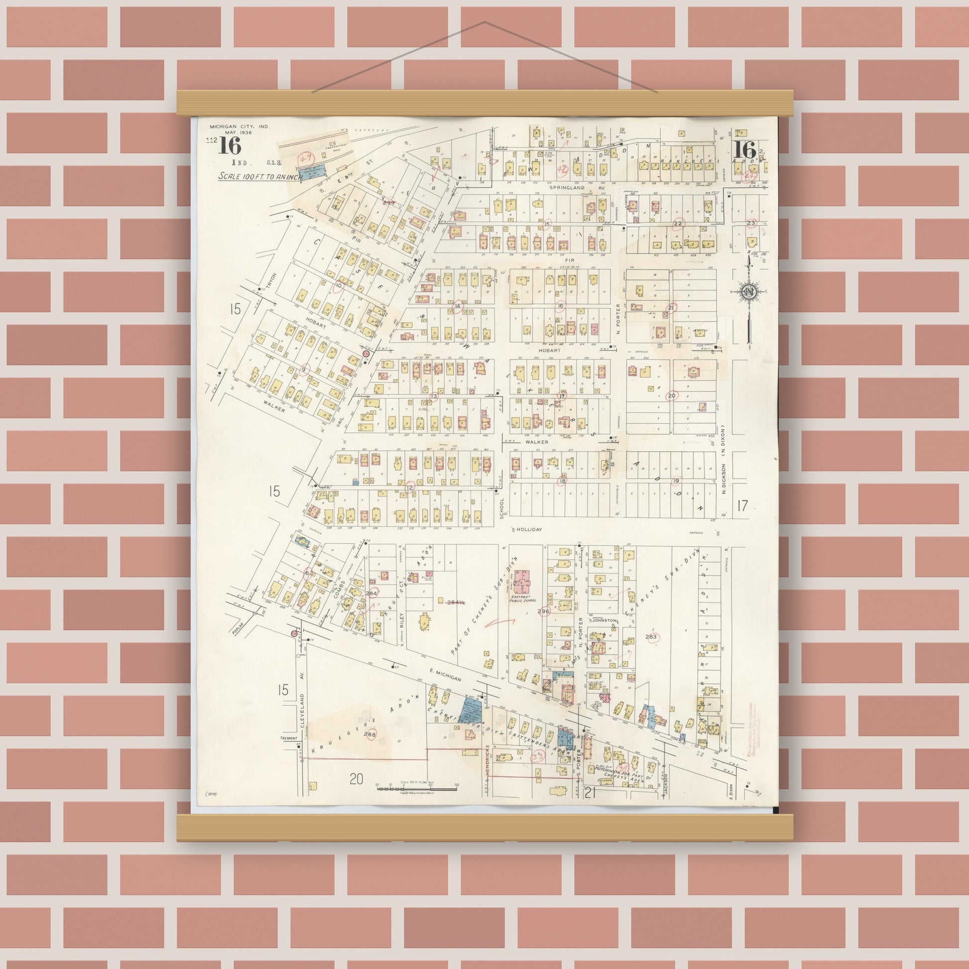 Old map wall art mockup — magnetic wood frame on brick wall — Sanborn Fire Insurance Map from Michigan City, La Porte County, Indiana (1948), Sheet #0016