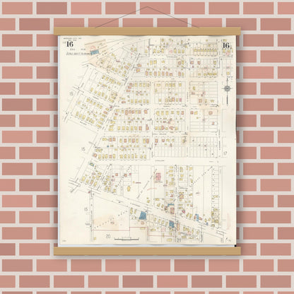 Old map wall art mockup — magnetic wood frame on brick wall — Sanborn Fire Insurance Map from Michigan City, La Porte County, Indiana (1948), Sheet #0016