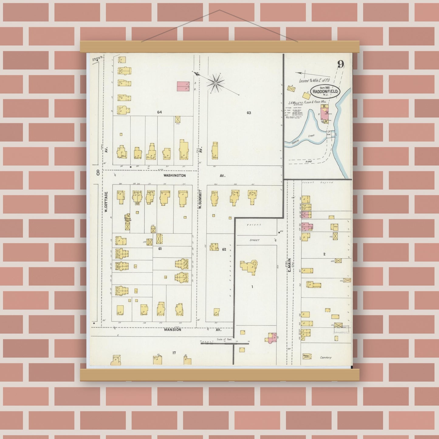 Old map wall art mockup — magnetic wood frame on brick wall — Sanborn Fire Insurance Map from Haddonfield, Camden County, New Jersey (1902), Sheet #0009