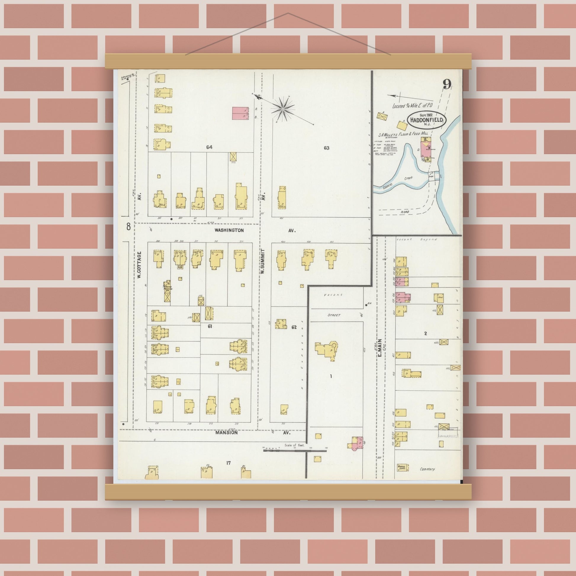 Old map wall art mockup — magnetic wood frame on brick wall — Sanborn Fire Insurance Map from Haddonfield, Camden County, New Jersey (1902), Sheet #0009
