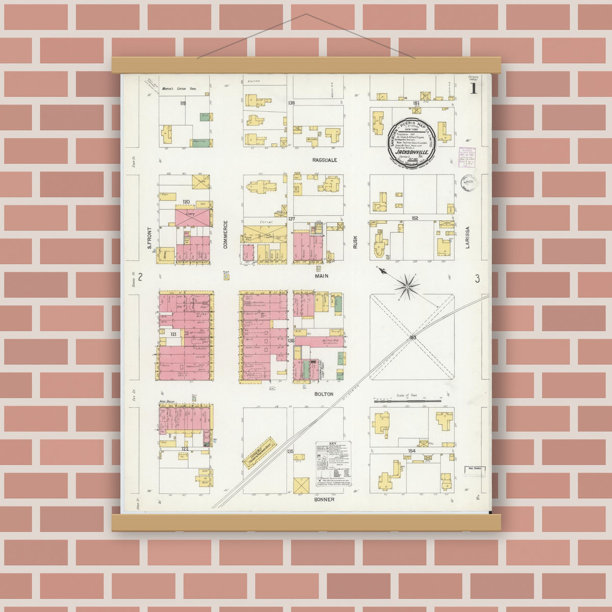 Old map wall art mockup — magnetic wood frame on brick wall — Sanborn Fire Insurance Map from Jacksonville, Cherokee County, Texas (1901) - Complete Map Set