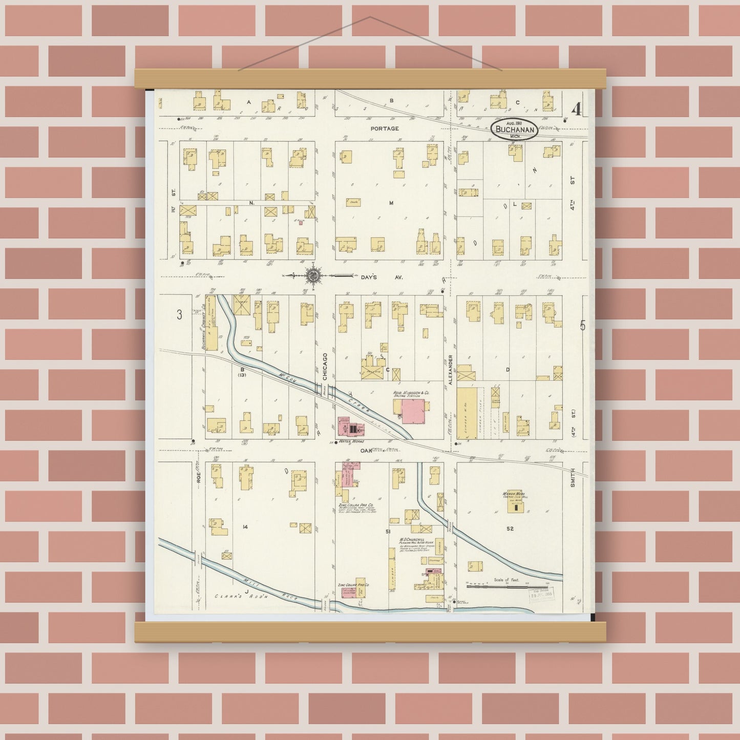 Old map wall art mockup — magnetic wood frame on brick wall — Sanborn Fire Insurance Map from Buchanan, Berrien County, Michigan (1911), Sheet #0004