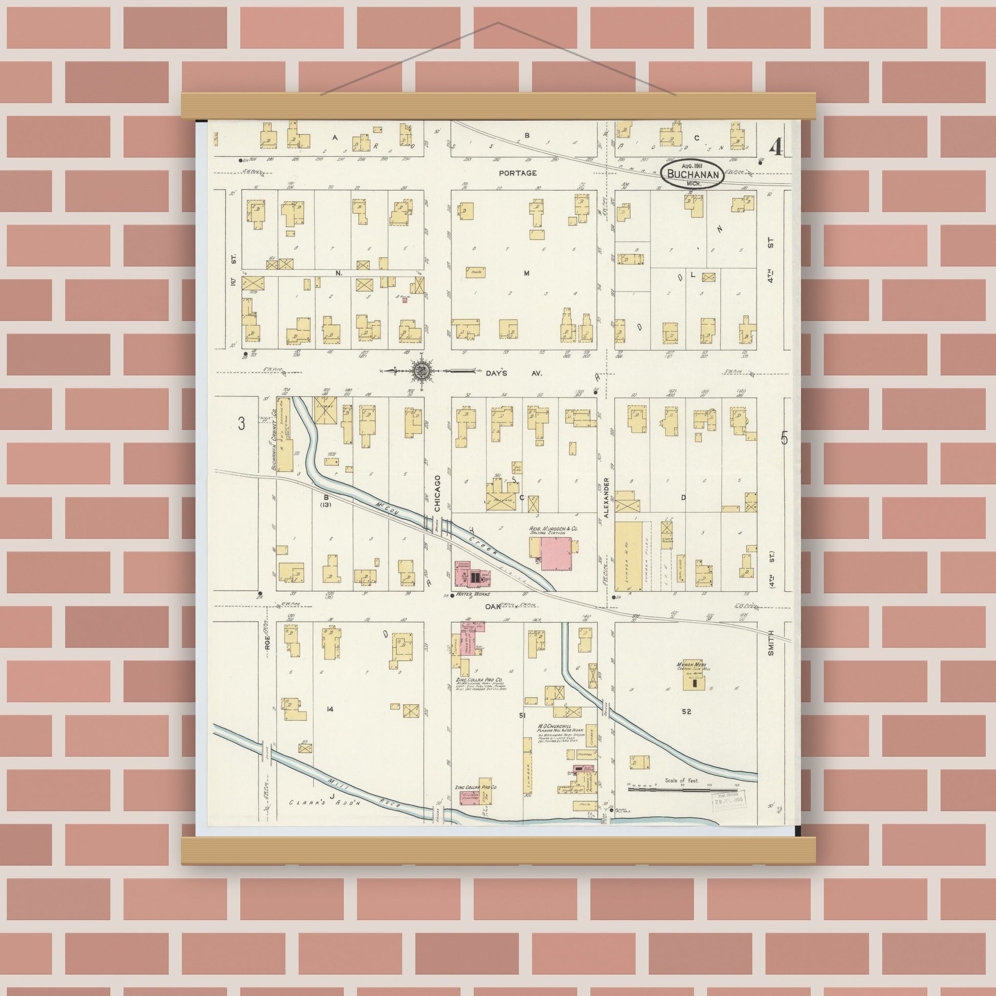 Old map wall art mockup — magnetic wood frame on brick wall — Sanborn Fire Insurance Map from Buchanan, Berrien County, Michigan (1911), Sheet #0004