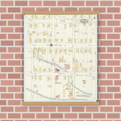 Old map wall art mockup — magnetic wood frame on brick wall — Sanborn Fire Insurance Map from Buchanan, Berrien County, Michigan (1911), Sheet #0004