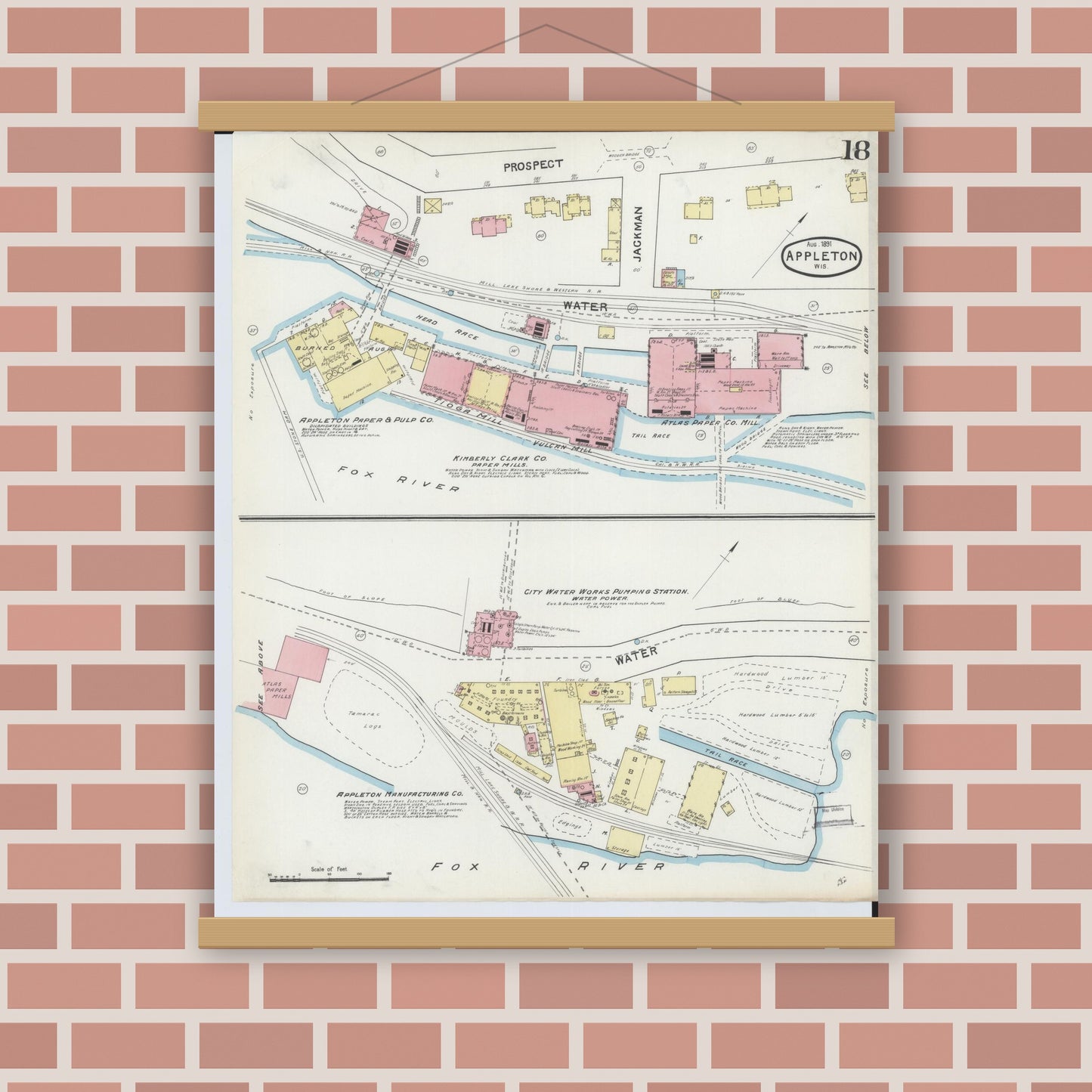 Old map wall art mockup — magnetic wood frame on brick wall — Sanborn Fire Insurance Map from Appleton, Outagamie County, Wisconsin (1891), Sheet #0018