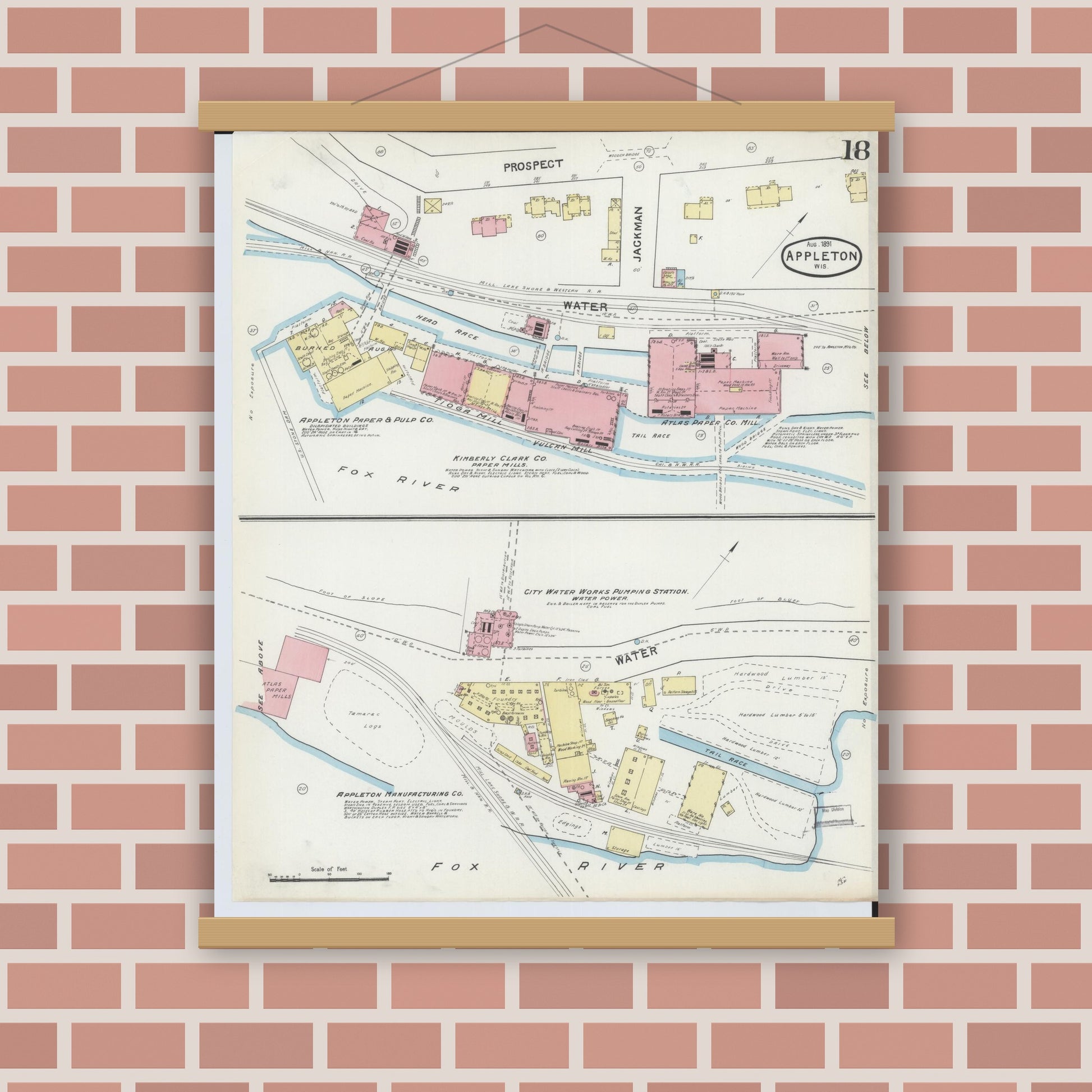 Old map wall art mockup — magnetic wood frame on brick wall — Sanborn Fire Insurance Map from Appleton, Outagamie County, Wisconsin (1891), Sheet #0018