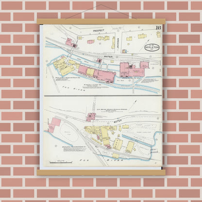 Old map wall art mockup — magnetic wood frame on brick wall — Sanborn Fire Insurance Map from Appleton, Outagamie County, Wisconsin (1891), Sheet #0018