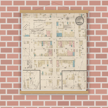 Old map wall art mockup — magnetic wood frame on brick wall — Sanborn Fire Insurance Map from Temple, Bell County, Texas (1885), Sheet #0001