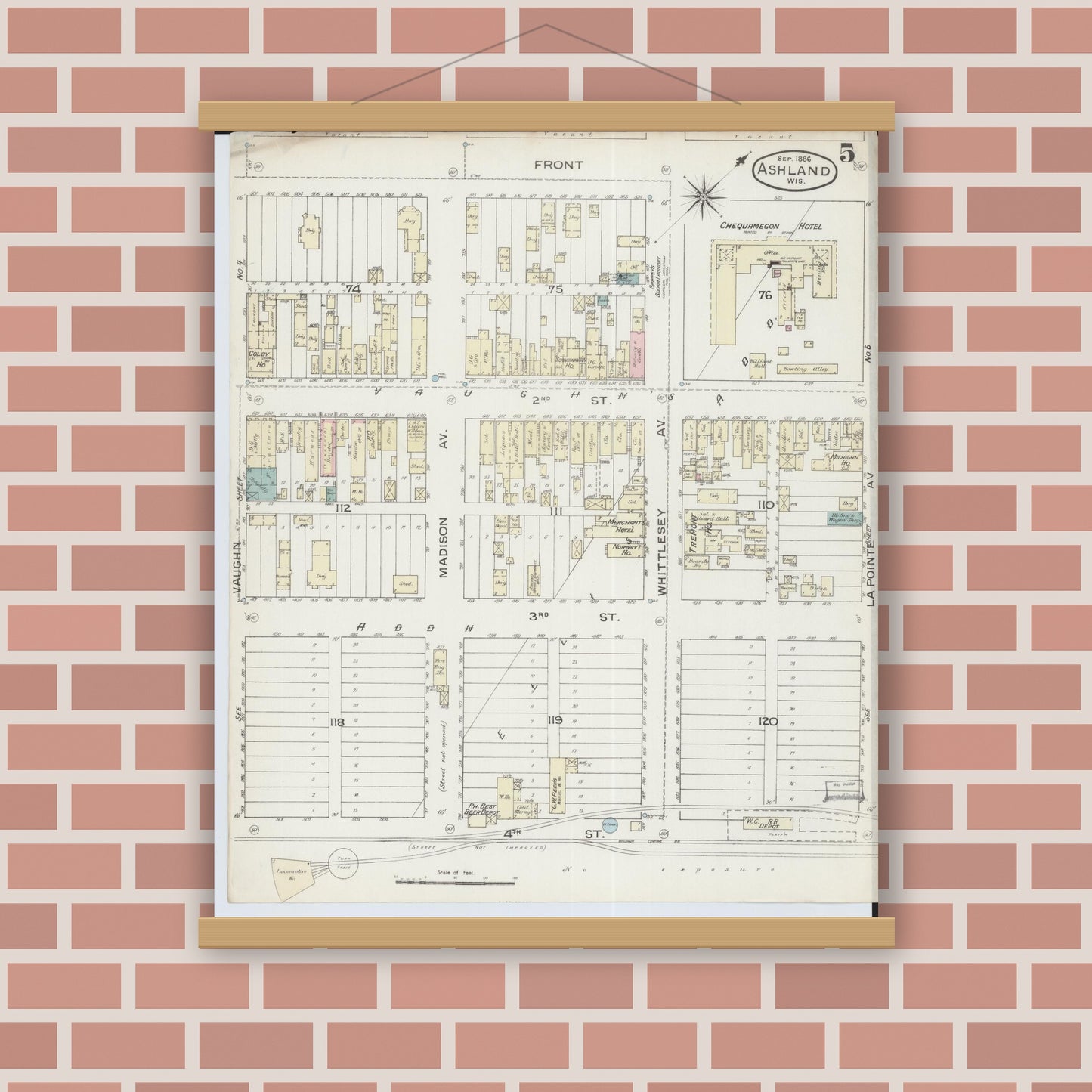 Old map wall art mockup — magnetic wood frame on brick wall — Sanborn Fire Insurance Map from Ashland, Ashland County, Wisconsin (1886), Sheet #0005