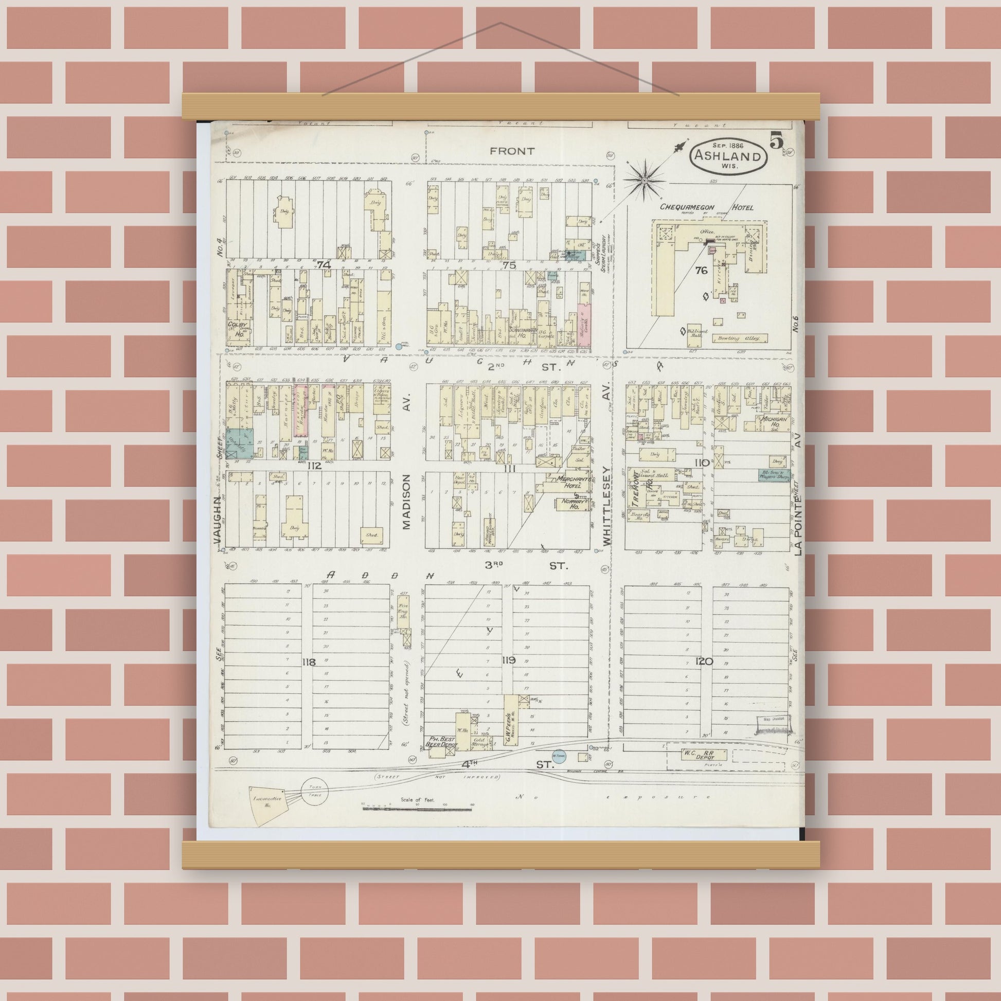 Old map wall art mockup — magnetic wood frame on brick wall — Sanborn Fire Insurance Map from Ashland, Ashland County, Wisconsin (1886), Sheet #0005