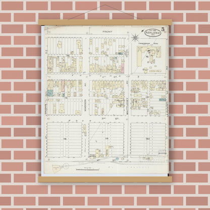 Old map wall art mockup — magnetic wood frame on brick wall — Sanborn Fire Insurance Map from Ashland, Ashland County, Wisconsin (1886), Sheet #0005