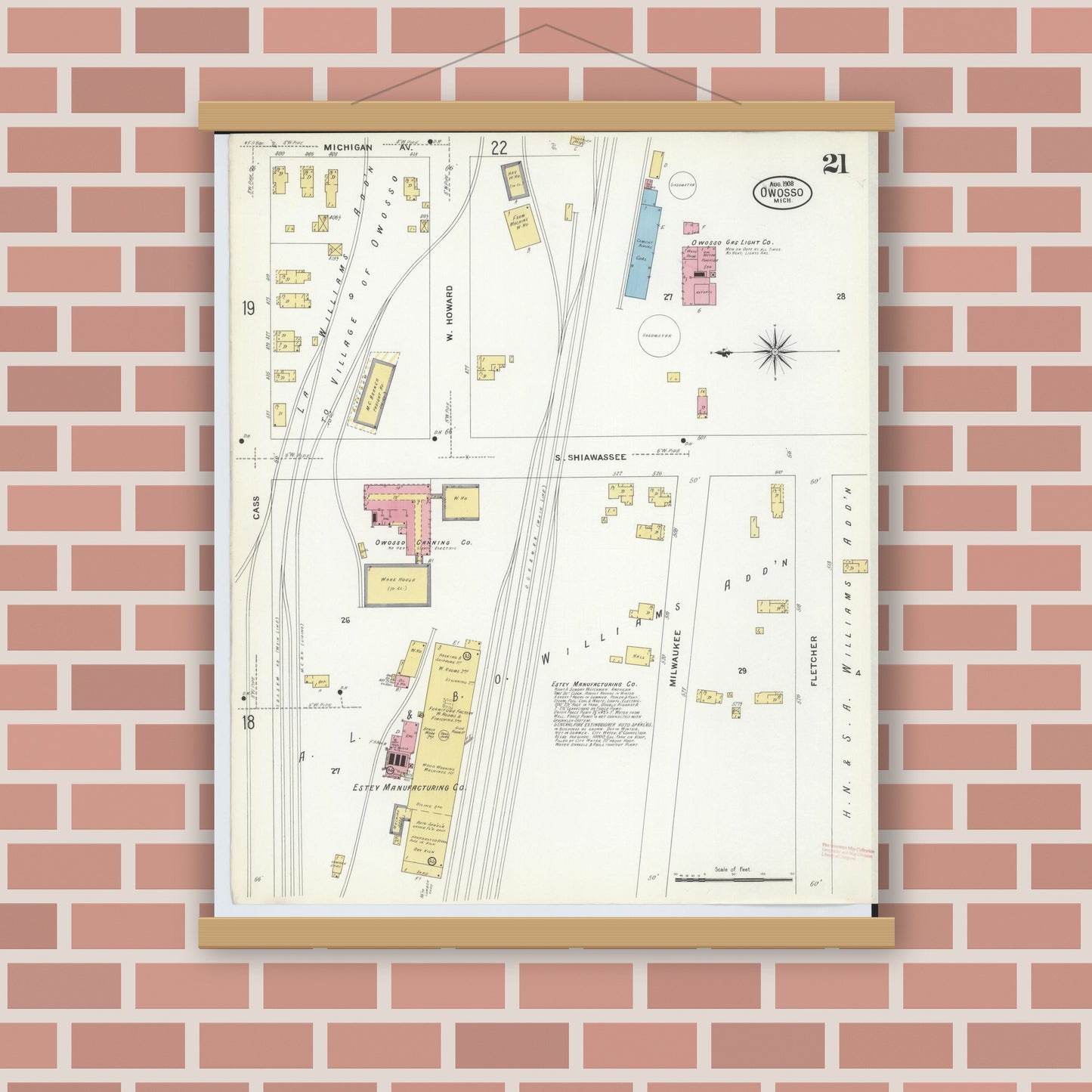Old map wall art mockup — magnetic wood frame on brick wall — Sanborn Fire Insurance Map from Owosso, Shiawassee County, Michigan (1908), Sheet #0021