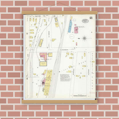 Old map wall art mockup — magnetic wood frame on brick wall — Sanborn Fire Insurance Map from Owosso, Shiawassee County, Michigan (1908), Sheet #0021